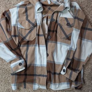 Zenana Outfitters Plaid Shirt in Tan and White